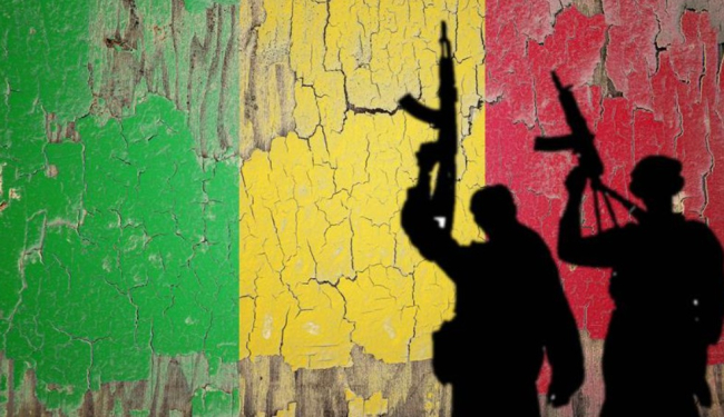 Drapeau du Mali peint sur le mur fissuré d'ombre terroriste