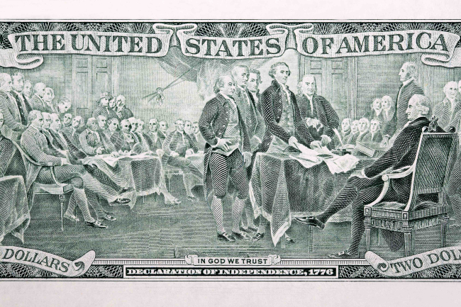 Déclaration d'indépendance des États-Unis reproduite sur le billet de 2 dollars américain