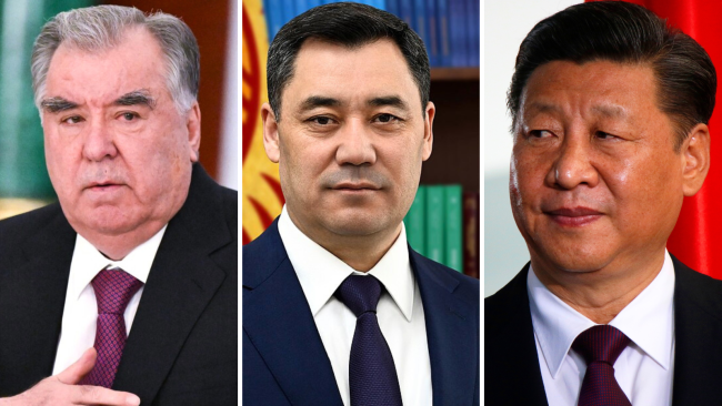 Assemblage photo d’Emomali Rahmon, président de la République du Tadjikistan, de Sadyr Japarov, président de la République kirghize, et de Xi Jinping, président de la République populaire de Chine