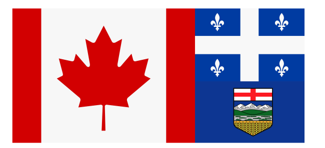 Drapeaux du Canada, du Québec et de l'Alberta