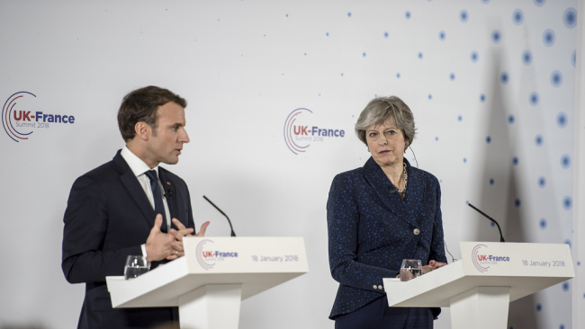 Prime Minister Theresa May welcomes France President Emmanuel Macron to the UK-France Summit, at Sandhurst.