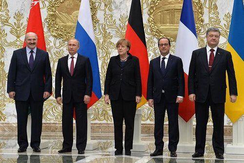 Minsk, Angela Merkel, Francois Hollande, Petro Poroshenko and Vladimir Putin are take part in the talks on a settlement to the situation in Ukraine, 11 February 2015