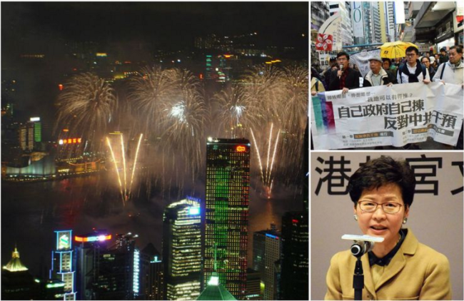 Honk Kong, les 10 ans de la rétrocession, 1er juillet 2007/Hong-kong, civil human rights front protests, 25 mars 2017/Carrie Lam at Hong Kong Palace Museum Press Conf., 10 janv. 2017 • Crédits : Wikicommons Tksteven/Iris Tong/湯惠芸