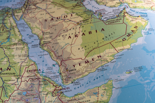 Physical map focusing on Yemen, Red Sea, Aden Gulf, Saudi Arabia and Oman