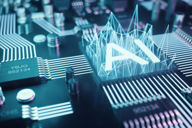 Illustration 3D: intelligence artificielle abstraite sur carte à circuit imprimé. Concept de technologie et d'ingénierie. Neurones de l'intelligence artificielle. puce électronique, processeur de la tête.