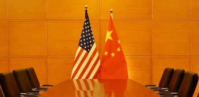 WASHINGTON, DC - MAY 4, 2019: EMBASSY OF THE PEOPLE’S REPUBLIC OF CHINA - meeting / conference room with Chinese and American flags