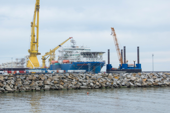 Nordstream 2 special pipe-laying vessel Akademik Cherskiy in the Baltic Sea, Port of Mukran, near Sassnitz on the Island of Rugen on August 21, 2020