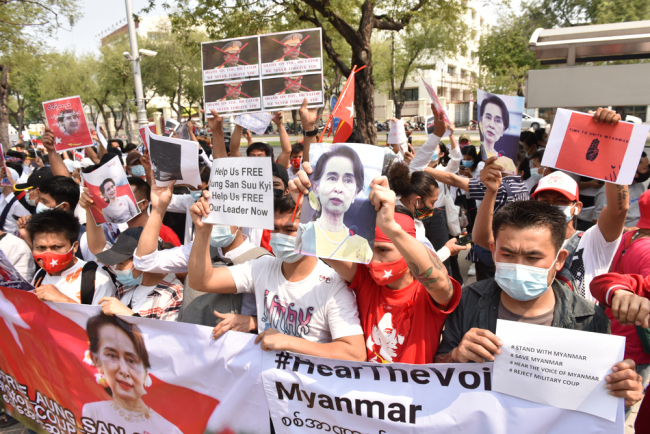 February 7, 2021: Myanmar protesters Living in Thailand Rally in front of the United Nations in Bangkok To combat the coup in Myanmar And want to release Aung San Suu Kyi soon.