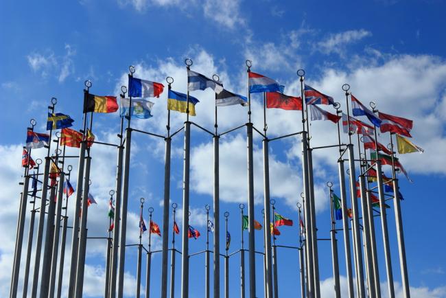 Flags at European square in Moscow, Russian Federation