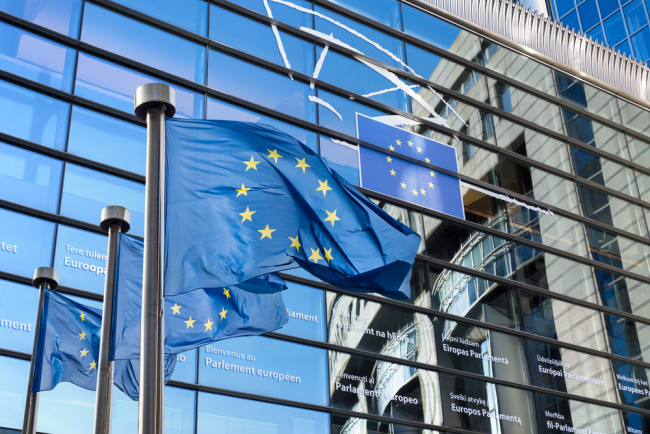 European Union flags in front of the European Parliament in Brussels