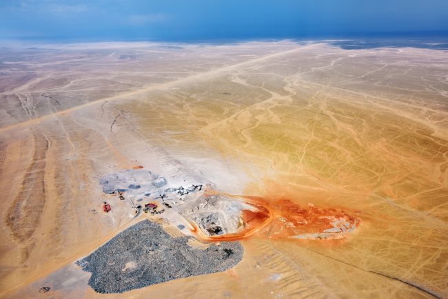 Aerial view of mining development, quarry in the Namibian desert 