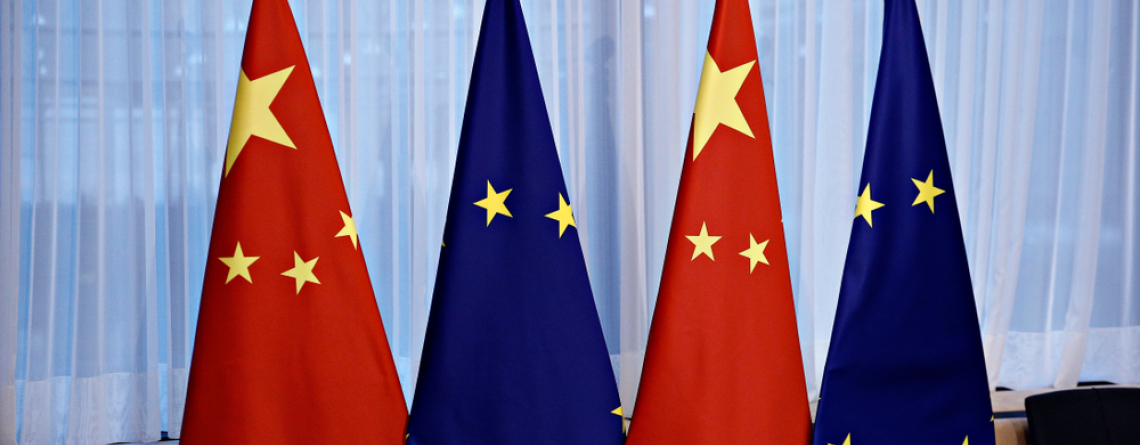 Flag of EU and flag of China in European Council offices