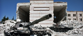 Two destroyed tanks in front of a mosque in Azaz, Syria, 2012.