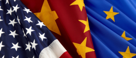 American, Chinese, and European Union Flags