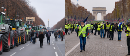 (à gauche) Berlin, 18 décembre 2023 : tracteurs agricoles devant la Porte de Brandebourg ;  (à droite) Paris, 15 décembre 2018 : 5e manifestation des Gilets jaunes
