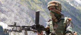 JAMMU AND KASHMIR, INDIA - JUNE 12, 2015 : Unknown Indian frontier guard. Indian Army checkpoint in Kashmir Himalayas.