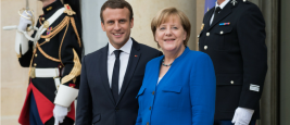 Paris, France - July 13, 2017 : Chancellor Angela Merkel with President Emmanuel Macron at the Elysee Palace