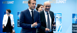 Emmanuel Macron and Jean-Yves Le Drian, NATO summit, Brussels