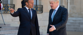 Paris, FRANCE - 22th august 2019 : French President Emmanuel Macron welcoming Prime Minister of United Kingdom Boris Johnson