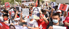 February 7, 2021: Myanmar protesters Living in Thailand Rally in front of the United Nations in Bangkok To combat the coup in Myanmar And want to release Aung San Suu Kyi soon.