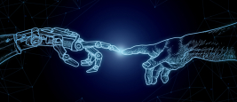 Intelligence Artificielle, Adam et les Mains de Dieu de Michel-Ange dans le style moderne avec Robot