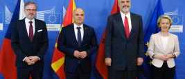 La présidente de la Commission européenne Ursula von der Leyen, le premier ministre Petr Fiala, le premier ministre Edi Rama et le premier ministre de la Macédoine du Nord Dimitar Kovacevski, Bruxelles - 19 juillet 2022