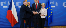 Ursula von der Leyen, présidente de la Commission européenne, Petr Fiala, premier Ministre de la République Tchèque, Edi Rama, premier Ministre de l'Albanie et Dimitar Kovacevski, premier Ministre de la Macédoine du Nord, Bruxelles, 19 juillet 2022