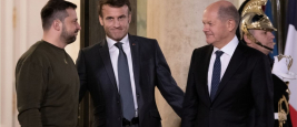 Le président Emmanuel Macron accueille le président ukrainien Volodymyr Zelensky et le chancelier Olaf Scholz au Palais de l'Elysée, Paris - 8 février 2023