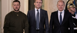 Le président Emmanuel Macron accueille le président Volodymyr Zelensky avec le chancelier Olaf Scholz, Paris, 8 février 2023 
