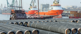 Varna, BULGARIA - November 29, 2014: Gas pipes of large diameter at Port of Varna ready for the South Stream