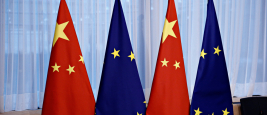 Flag of EU and flag of China in European Council offices