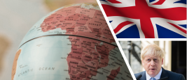 Globe tourné vers l'Afrique, drapeau du Royaume-Uni et Boris Johnson