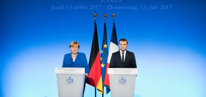 PARIS, FRANCE - JULY 13, 2017 : German Chancellor Angela Merkel with the French President Emmanuel Macron at the Elysee Palace 