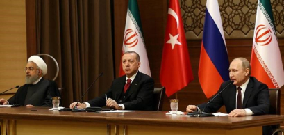 President Recep Tayyip Erdoğan, President of Russia Vladimir Putin and President of Iran Hassan Rouhani at the Presidential Complex in Ankara on April 4, 2018 for a trilateral summit.