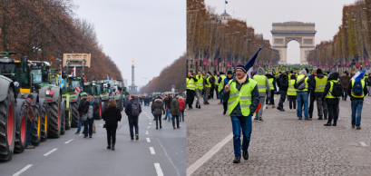 (à gauche) Berlin, 18 décembre 2023 : tracteurs agricoles devant la Porte de Brandebourg ;  (à droite) Paris, 15 décembre 2018 : 5e manifestation des Gilets jaunes