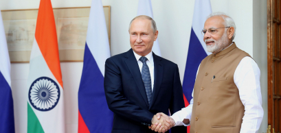 New Delhi, India June 20, 2020: Indian Prime Minister Narendra Modi's hugs Russian President Vladimir Putin before a meeting at Hyderabad House. sign a $5 billion deal to buy Russian S-400 air defense