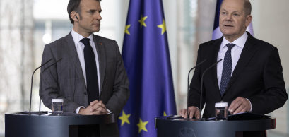Olaf Scholz, chancelier fédéral et Emmanuel Macron, président de la République française, lors d'une conférence de presse, Berlin - 15 mars 2024