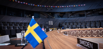 Flag of Sweden is installed in NATO conference room, March 11, 2024 