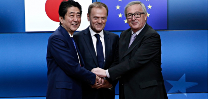 Japan's Prime minister Shinzo Abe is welcomed by EU Council President Donald Tusk and EU Commission President Jean-Claude Juncker at the EU Japan leader's summit meeting in Brussels on 6 July 2017