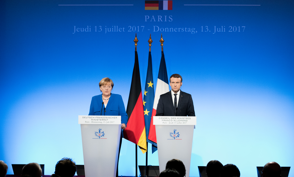 PARIS, FRANCE - JULY 13, 2017 : German Chancellor Angela Merkel with the French President Emmanuel Macron at the Elysee Palace 