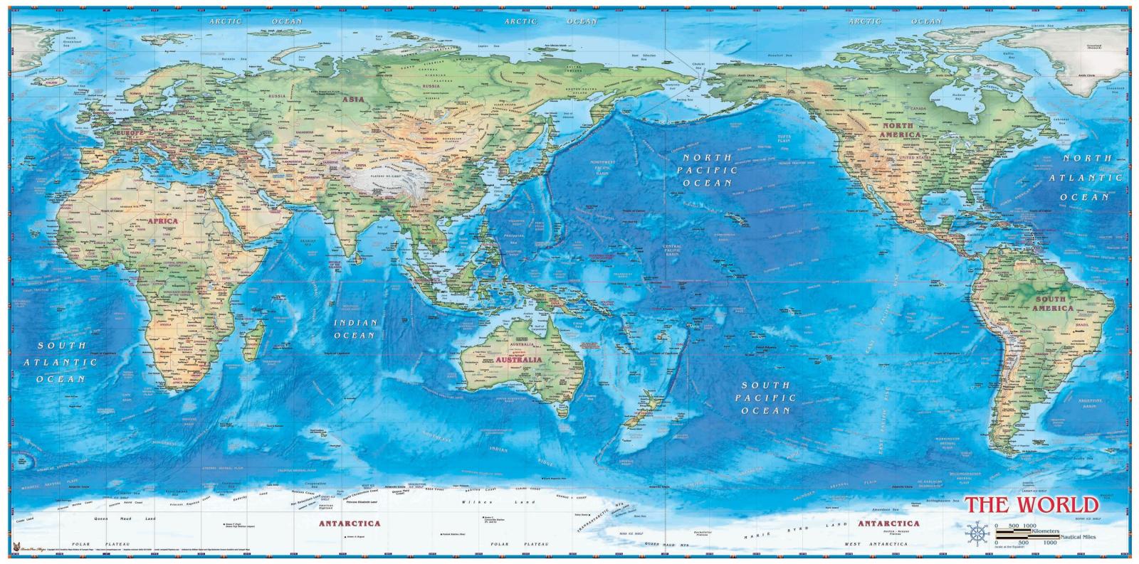 World Physical Wall Map Pacific Centered (c) Part Maps