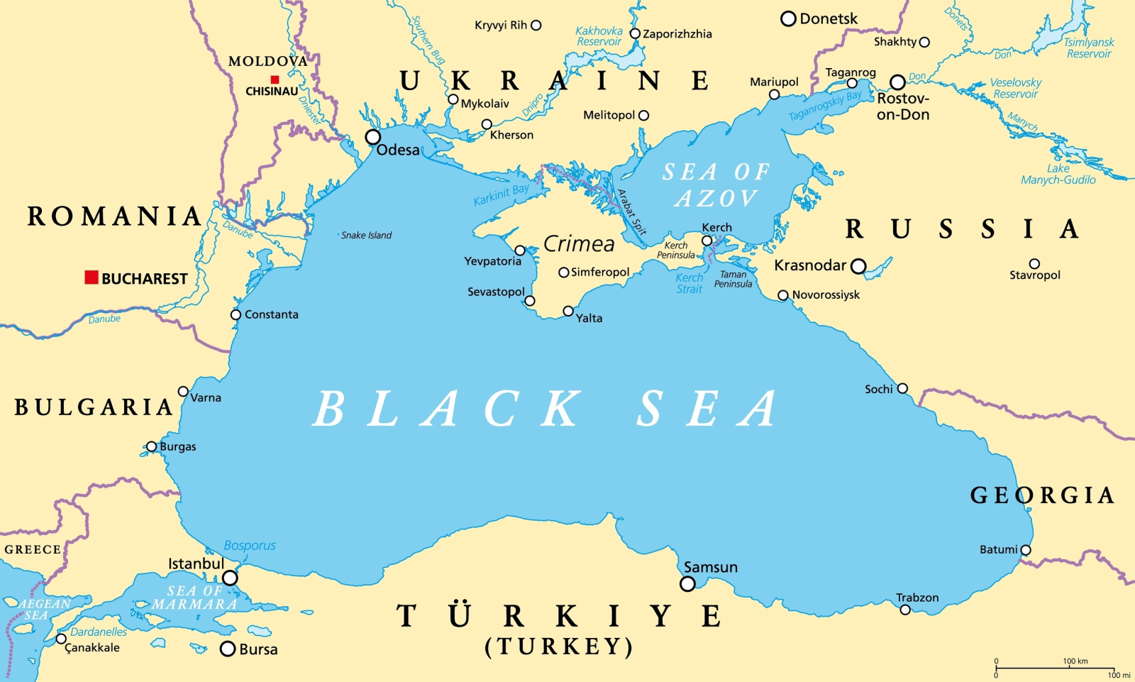 Région de la mer Noire, carte politique.