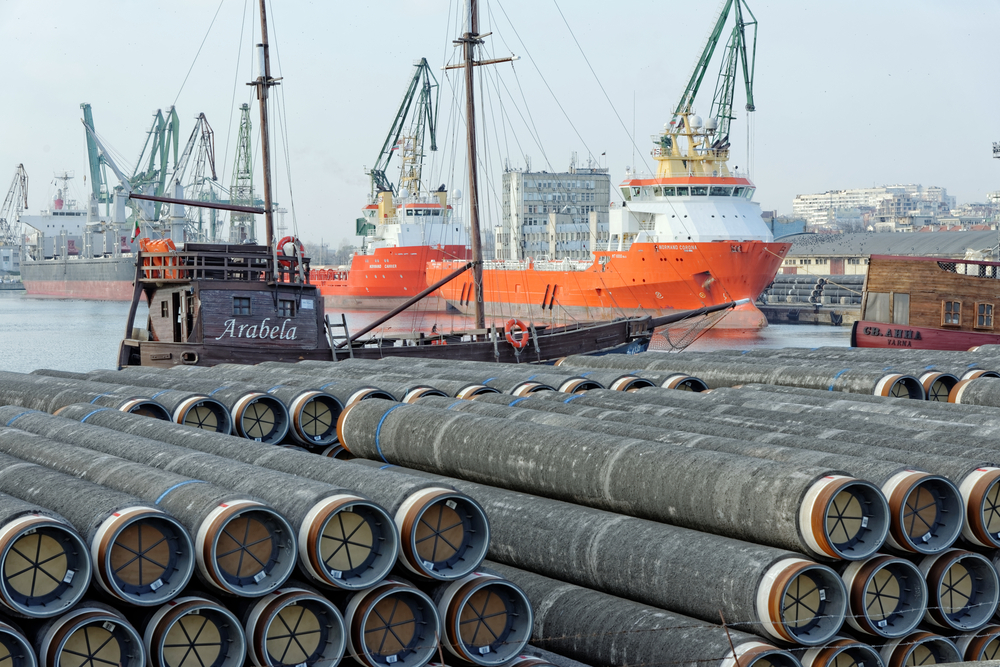 Varna, BULGARIA - November 29, 2014: Gas pipes of large diameter at Port of Varna ready for the South Stream