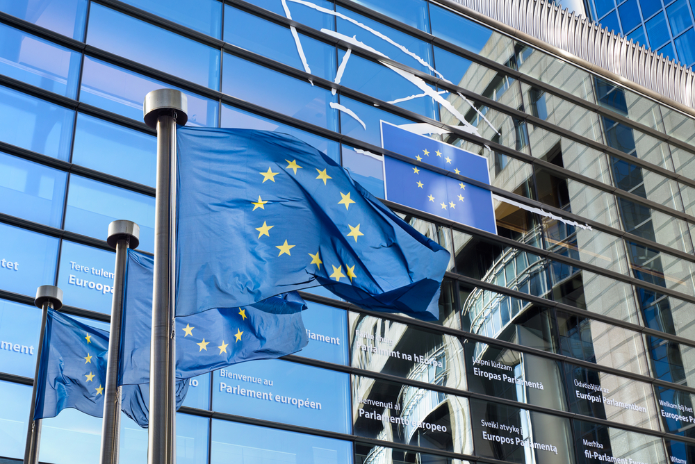 European Union flags in front of the European Parliament in Brussels